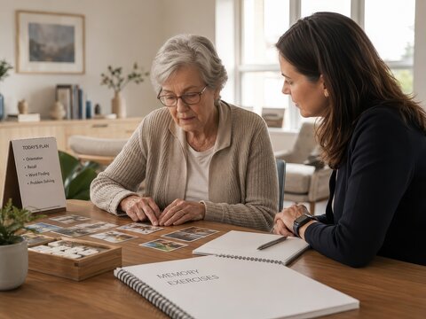 Senior woman doing memory exercise with caregiver. Professional therapist helping elderly patient with cognitive training and brain health activity. Mental wellness and geriatric care concept