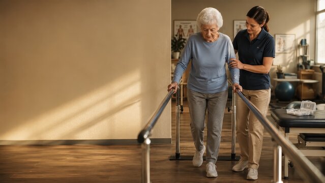 Physiotherapist supporting elderly woman walking with parallel bars in clinic. Rehabilitation process for patient recovery, mobility exercise and physical therapy healthcare concept