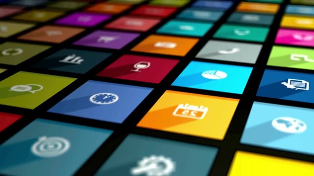 3D Animation of Colorful Mobile App Icons Moving on Digital Grid