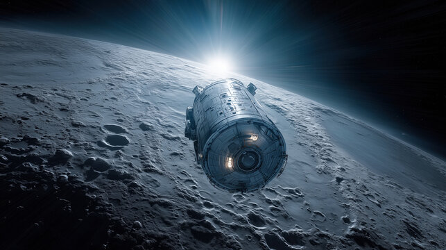 Futuristic spacecraft orbiting above the moon surface with dramatic sunlight, detailed craters and deep space background.