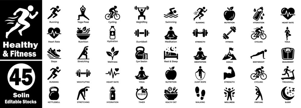 Healthy and fitness solid icons set. Featuring exercise activities, workout routines, gym equipment, and wellness symbols.
