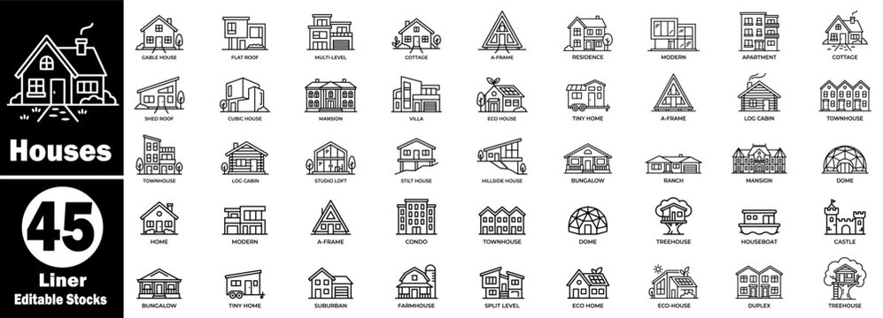 House icons set. Including bungalow, modern, tiny home, beach house, farmhouse, and more.