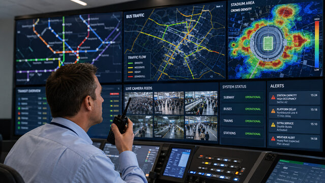 Transit coordinator managing city traffic during stadium event
