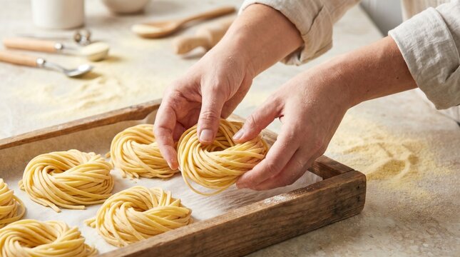 Chef arranging freshly made nests of yellow egg pasta onto a parchment paper lined wooden tray
