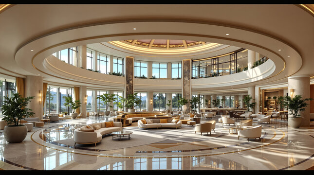 Rounded, oval grand hotel lobby with open concept design, abundant natural light