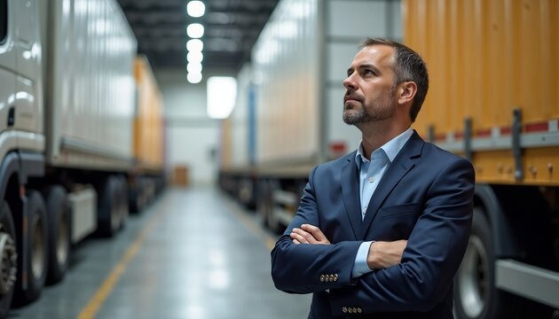 Businessman standing in a warehouse with trucks. Logistics manager looking at cargo vehicles in a distribution center. Professional freight shipping and warehouse supply chain management.