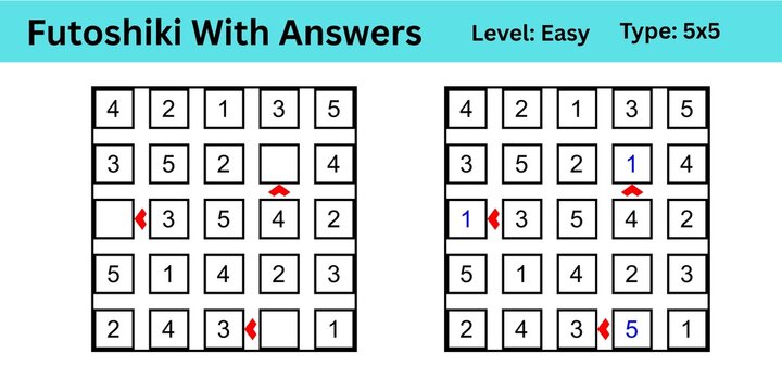 Futoshiki With Answers Level Easy Type 5x5 best to enhance brain muscle memory for both kids and adults perfect for digital use or large print activity