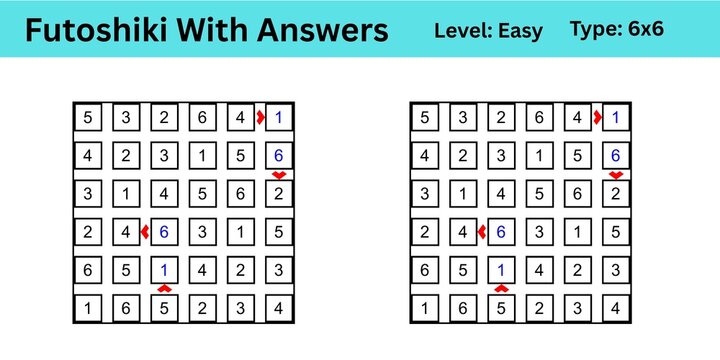 Futoshiki With Answers Level Easy Type 6x6 best to enhance brain muscle memory for both kids and adults perfect for digital use or large print activity