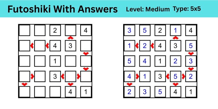 Futoshiki With Answers Level Medium Type 5x5 best to enhance brain muscle memory for both kids and adults perfect for digital use or large print activity