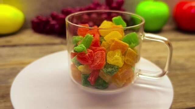 dried fruit cubes in a glass bowl
