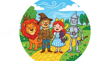 Fototapeta premium The Wizard of Oz Fairytale Cartoon Character Scene with Dorothy, Toto, Scarecrow, Tin Man, and Cowardly Lion on Yellow Brick Road Vector Illustration