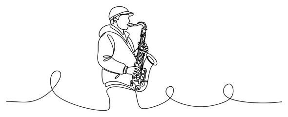 Fototapeta premium Continuous line drawing of a musician playing saxophone with minimalist rhythm sound wave