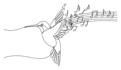 Fototapeta premium Minimalist single line drawing of a hummingbird flying with musical notes trailing behind its wings
