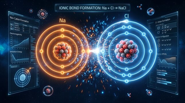Atomic reaction scene with glowing nuclei and electrons orbiting