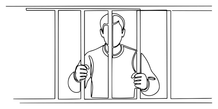 Continuous one line drawing of a man holding prison bars looking for freedom