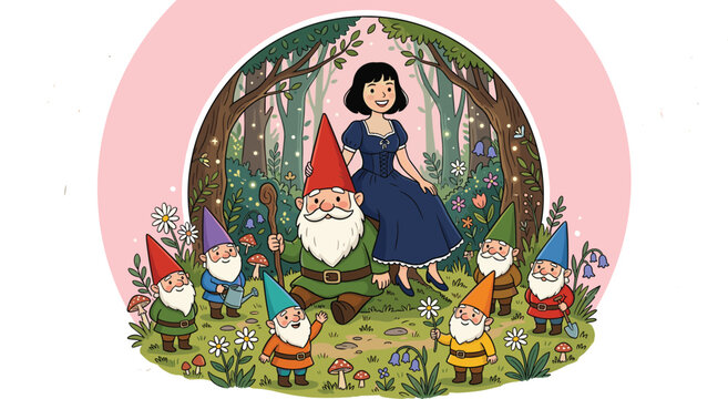Snow White with Seven Dwarfs Garden Gnomes Cartoon Character Vector Illustration Scene in a Magical Forest with Flowers and Mushrooms