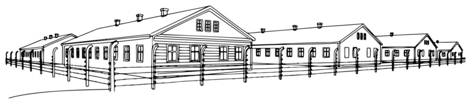 Linear vector illustration of wooden barracks behind a barbed wire fence in a prison camp