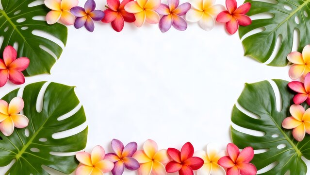 Tropical flowers and leaves border
