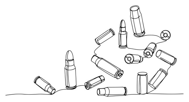 Continuous one line drawing of scattered bullets and empty bullet shell casings representing conflict or war