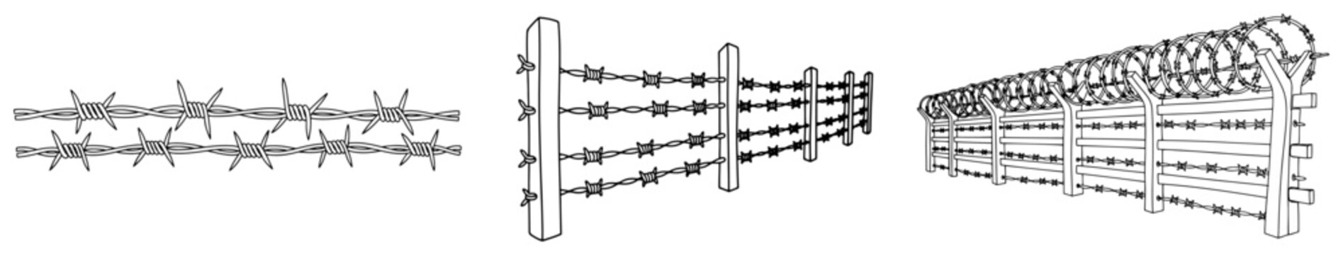 Set of continuous line drawings showing different types of barbed wire and razor wire fences for security