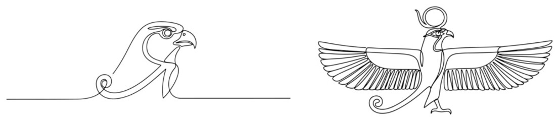 Fototapeta premium Continuous line drawing and detailed symbol of Egyptian god Horus as a falcon