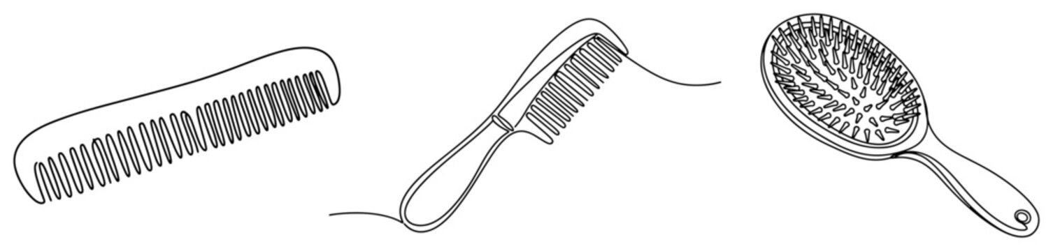 Set of different hair combs and a brush in continuous line drawing style