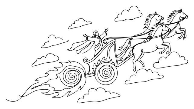 Continuous line drawing of a fiery chariot with horses flying through the clouds