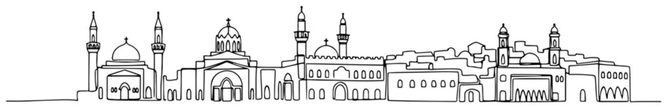 Continuous line drawing of Middle Eastern city skyline with mosques and minarets