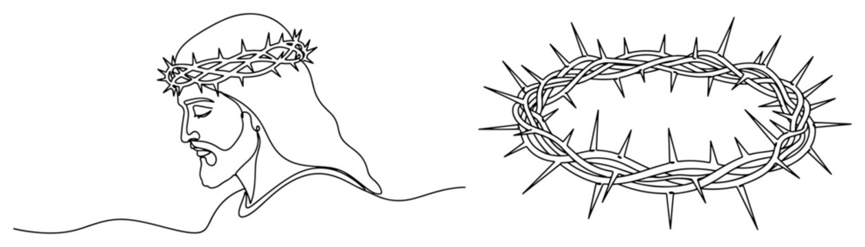 Continuous line drawing of Jesus Christ wearing crown of thorns during crucifixion
