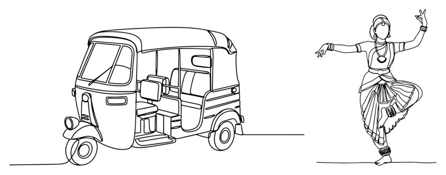 Continuous one line drawing of an Indian auto rickshaw and a traditional dancer