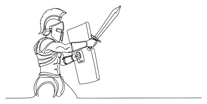 Continuous line drawing of a gladiator warrior with sword and shield