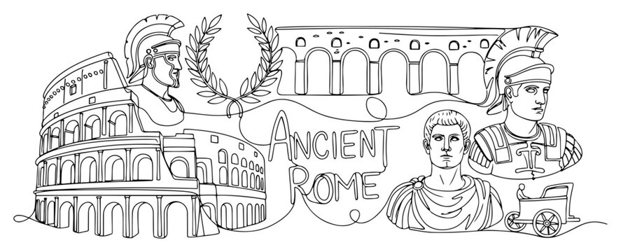 Continuous line art illustration of Ancient Rome featuring Colosseum centurion emperor and aqueduct