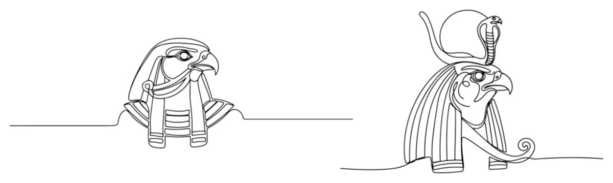 Continuous one line drawing of ancient Egyptian god Horus showing falcon head with crown and nemes