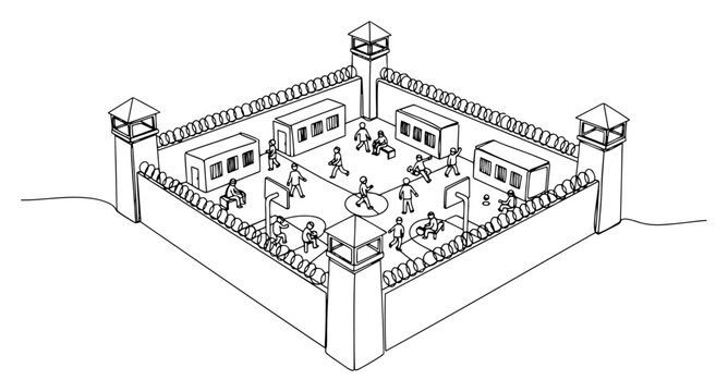 Continuous line illustration of a high security prison complex in isometric perspective