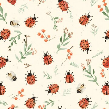 Seamless botanical ditsy pattern with tiny watercolor ladybugs and honeybees