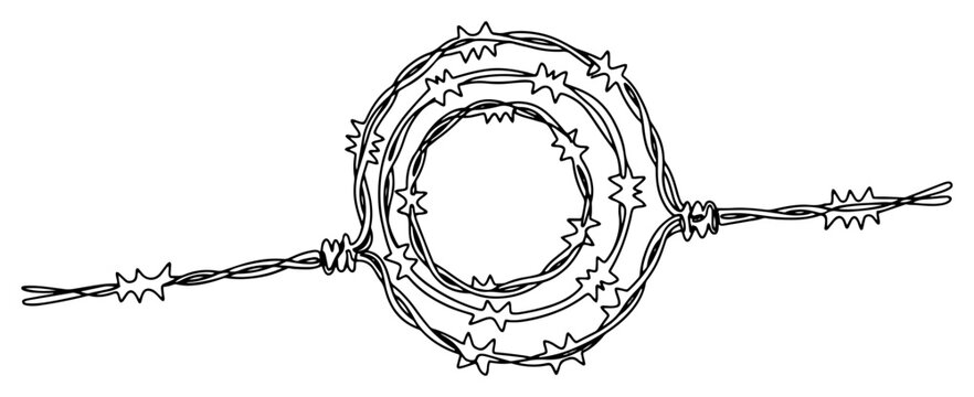 Continuous line drawing of coiled barbed wire representing a restricted border area