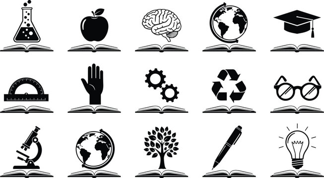 Education and School Subjects Icon Set with Open Books and Knowledge Symbols for Science Mathematics Geography Biology and Academic Learning Vector Design