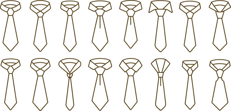 Brown tie icons, necktie outlines, 16 minimalist designs, vector graphics