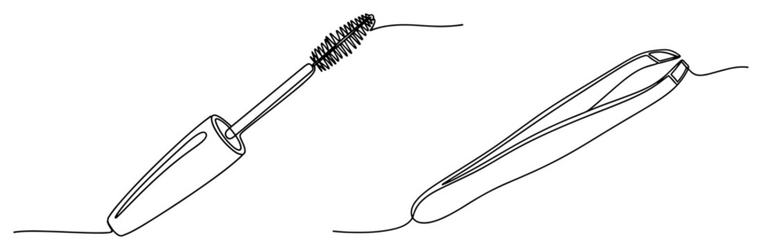 Continuous line drawing of mascara wand and cosmetic tweezers for beauty care