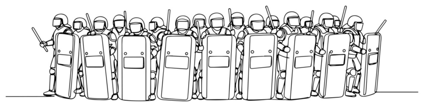 One line drawing of a formation of riot police with shields and batons for crowd control