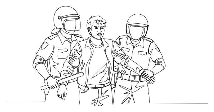 Continuous one line drawing of police officers arresting a person during a public protest