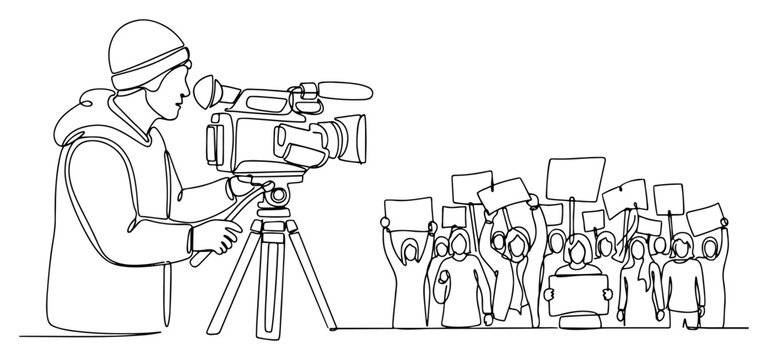 Continuous one line drawing of a cameraman filming a crowd of protestors with signs