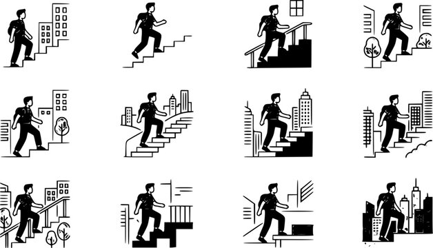 Vector icon set depicting a person walking up stairs representing progress and movement in an urban setting
