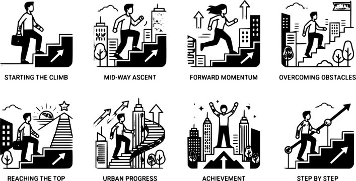 Vector icon set depicting a person walking up stairs representing progress and movement in an urban setting

