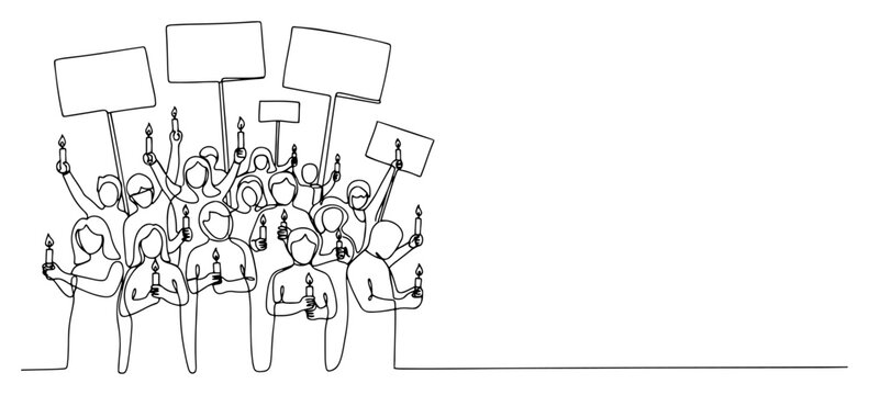 Continuous line drawing of a peaceful protest crowd holding candles and blank placards