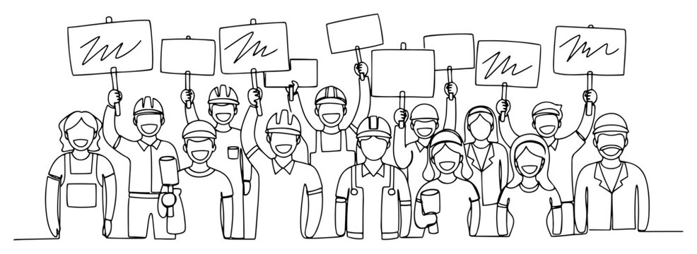 Continuous line drawing of a crowd of workers protesting with blank signs and placards