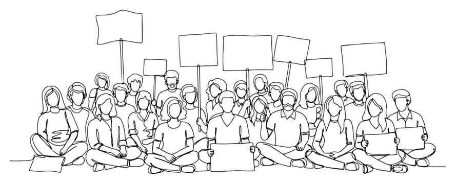 Continuous one line drawing of a crowd of young people sitting on the ground and holding blank protest signs during a peaceful demonstration