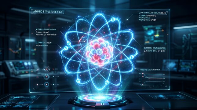 Digital atomic structure model glowing in futuristic technology lab with neon blue lighting