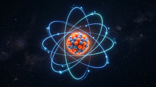 3D Atomic Nucleus Model with Orbiting Electrons in Dark Space Futuristic Science Concept