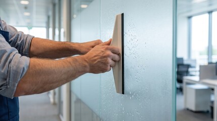 Naklejka premium Janitor using a professional squeegee to clean a frosted glass partition wall in a modern office